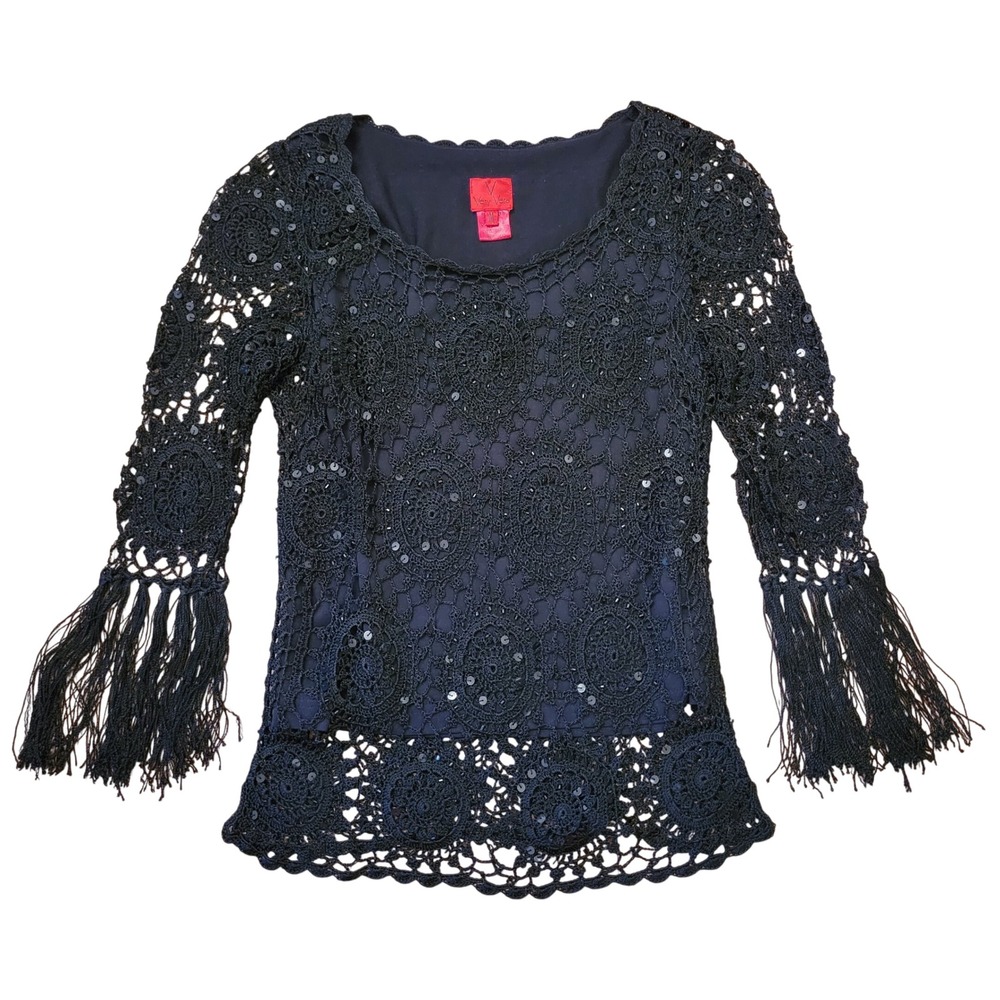 Very Vera M Crochet Lace Top Black Sequin Fringe Y2K Boho Whimsigoth Coquette‎